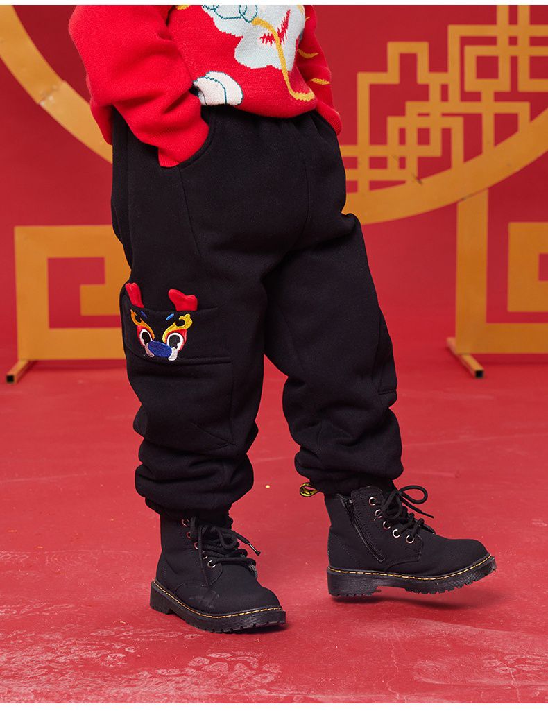 (加絨)喜氣拜年休閒長褲-立體龍角-黑色
