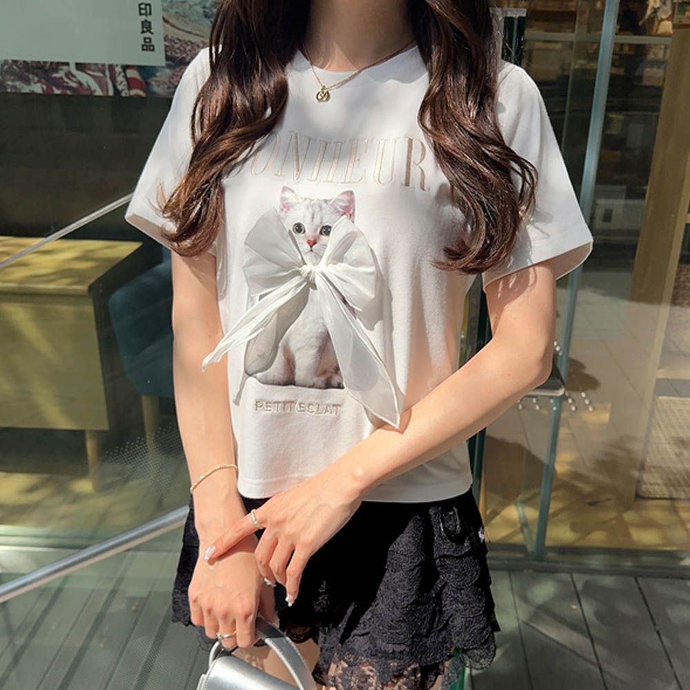 貓咪緞帶印花短袖上衣-白 (F)