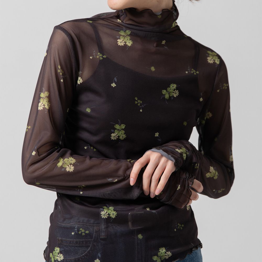 優雅小花木耳邊透膚高領長袖上衣-咖啡x黃花