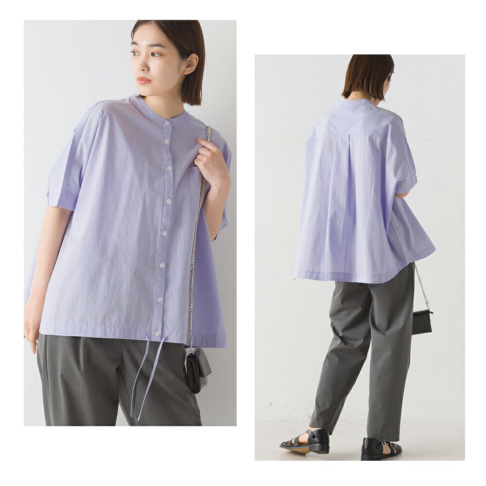 日本 OMNES - 下擺抽繩落肩短袖襯衫-簡約白