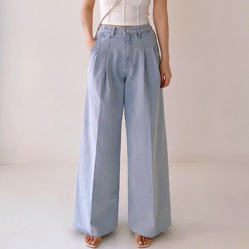 韓國女裝連線 - 彈性腰抓褶感寬鬆牛仔褲-淺藍