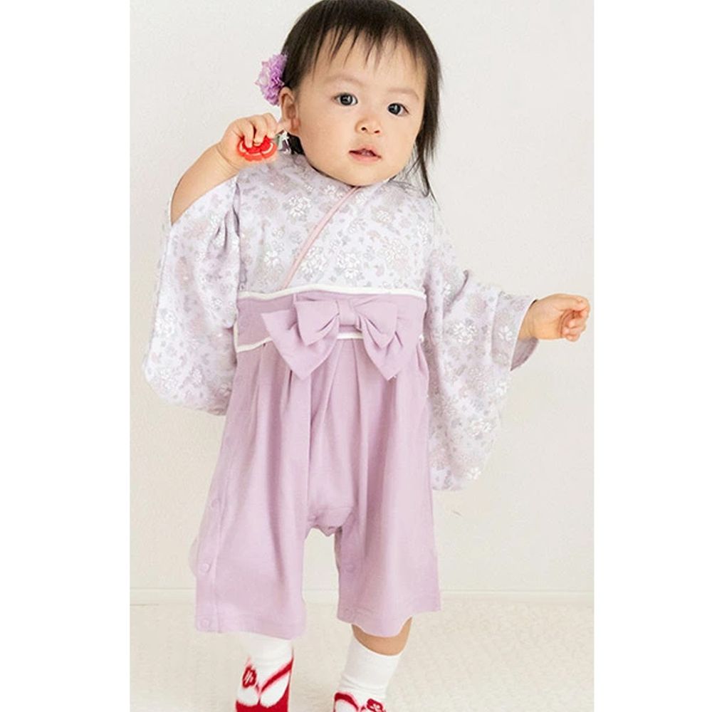 日本 ZOOLAND - 日本傳統袴/和服(連身衣式)附贈襪子-優雅小花-淺灰紫 (90)