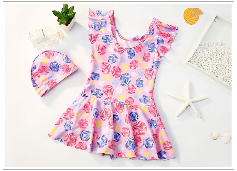 荷葉袖背心連身泳裝(不含泳帽)-滿版貝殼-粉色