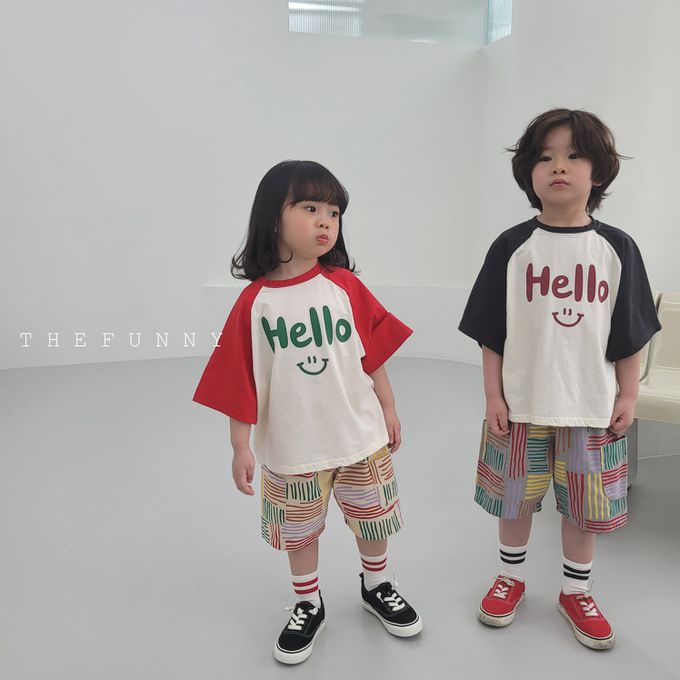 韓國 The Funny - Hello微笑印短袖上衣-米白X紅
