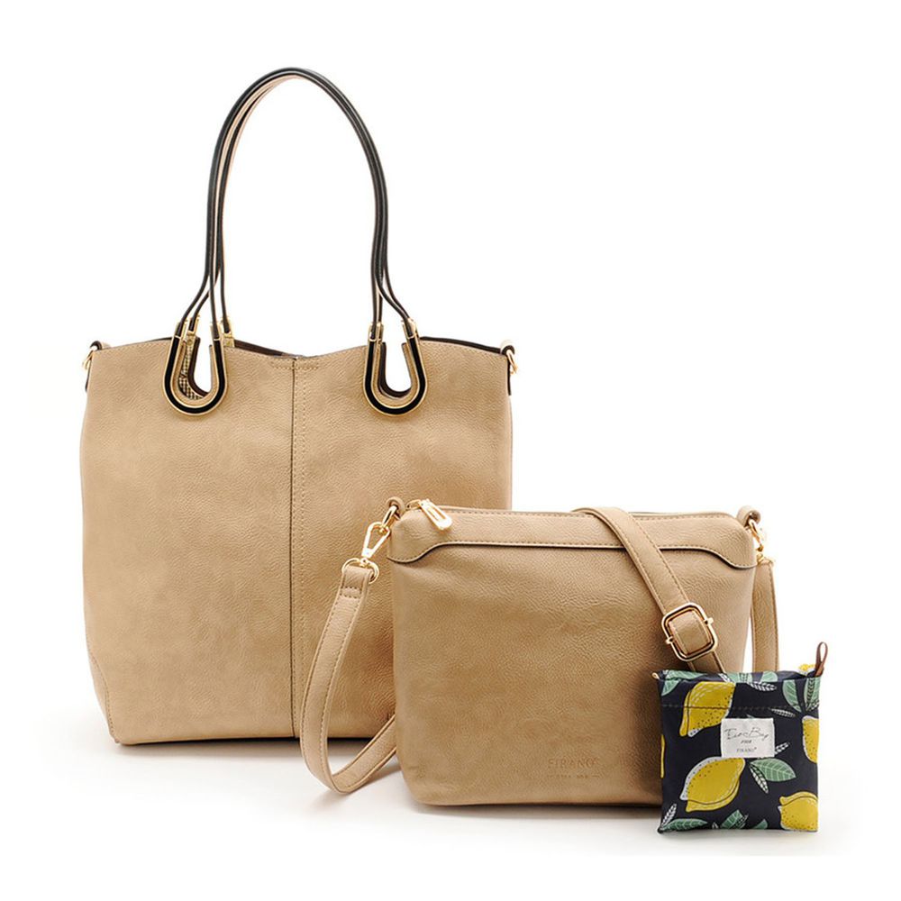 日本 FIRANO - 馬蹄環簡約肩背/側背兩用大方包+檸檬折疊購物袋 三件組-BE