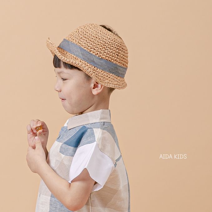 韓國 AIDA - 休閒風格子短袖翻領襯衫-藍X米