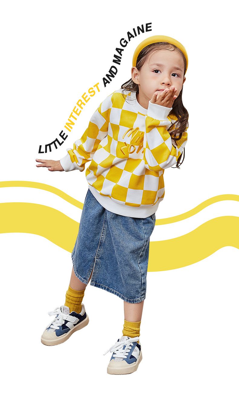 Minizone - 格紋圓領長袖上衣-英文字母-黃+白