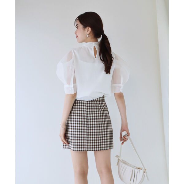 日本 BLUE EAST - 氣質薄紗蝴蝶結泡泡短袖上衣-白