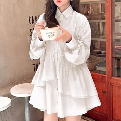 日本 GRL - 時尚抽繩荷葉擺襯衫領短洋裝-白 (F)