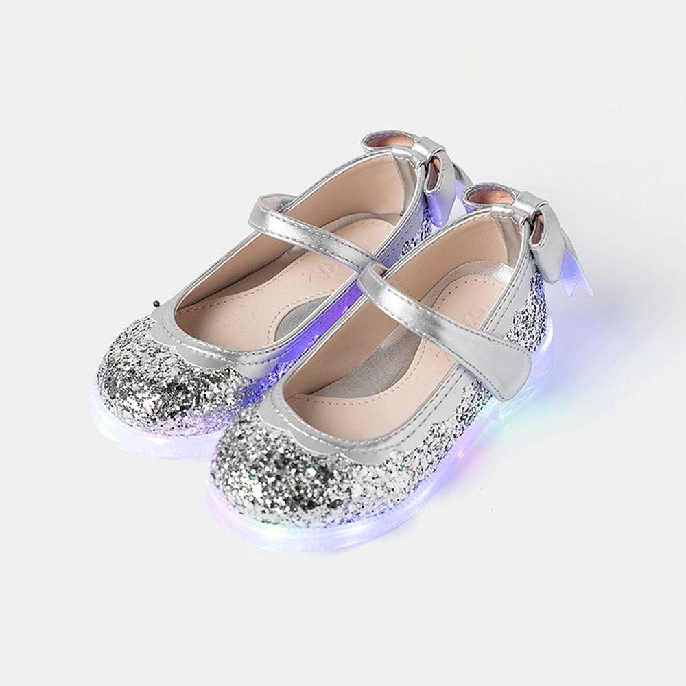 (LED)碎閃亮片後跟蝴蝶結瑪莉珍公主鞋-銀