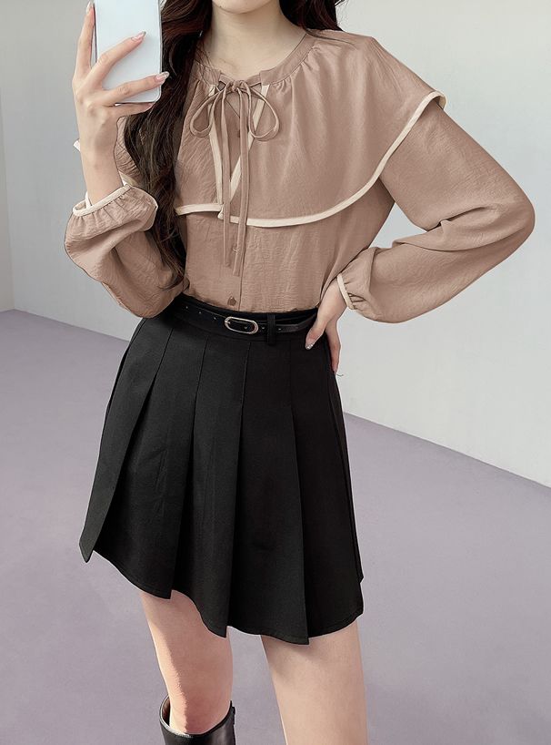 日本 GRL - 光澤質感大領片綁帶輕薄長袖襯衫-摩卡