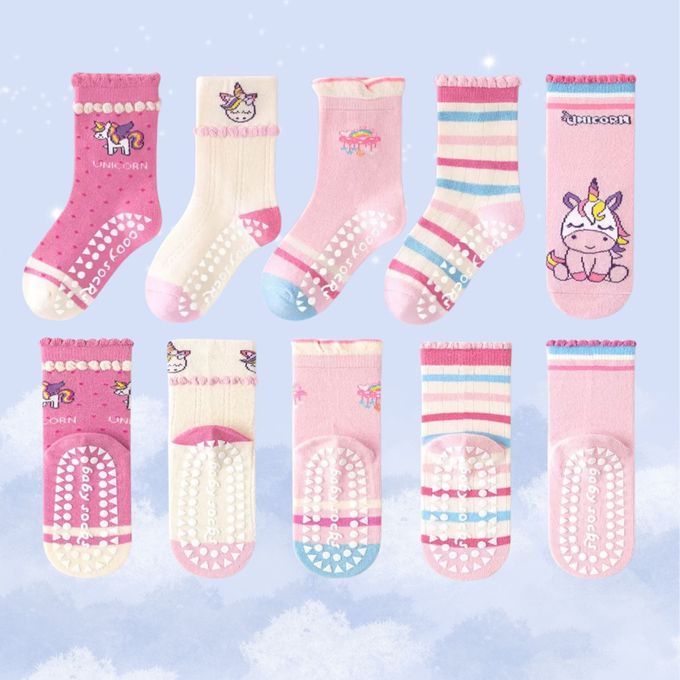 彩虹獨角獸防滑點膠中筒棉襪
