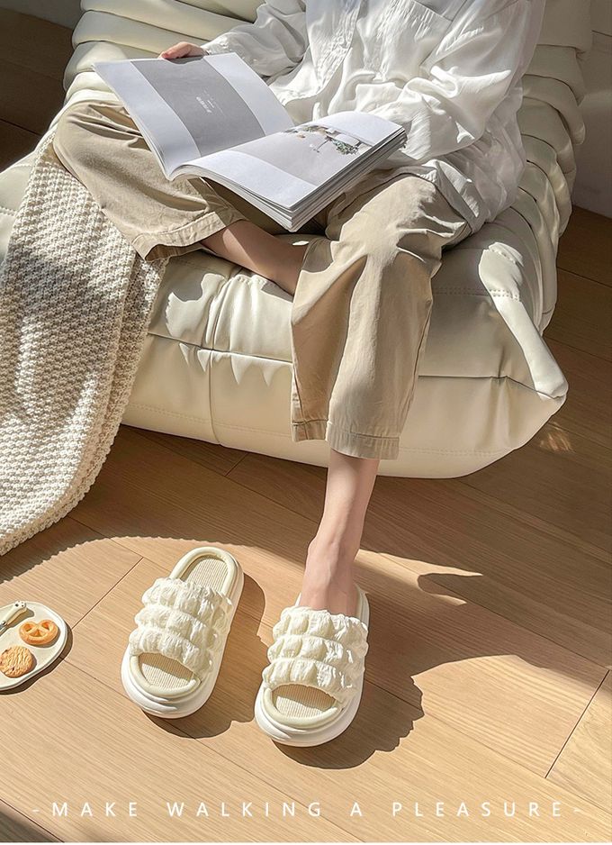 厚底海綿感亞麻室內拖鞋-鬆餅格-灰色