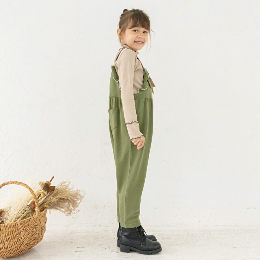 日本 evercloset - 扭結捲捲邊吊帶褲-摩卡