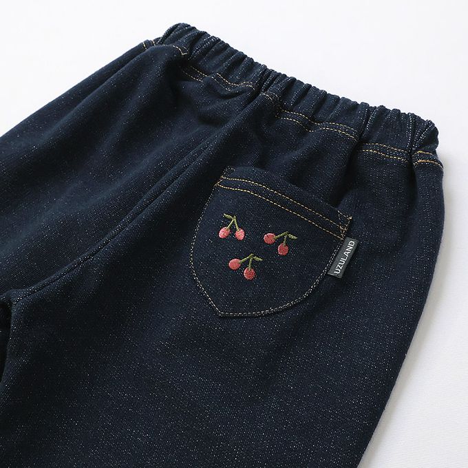 日本 ZOOLAND - 甜美荷葉花朵反摺七分褲-櫻桃刺繡-黑