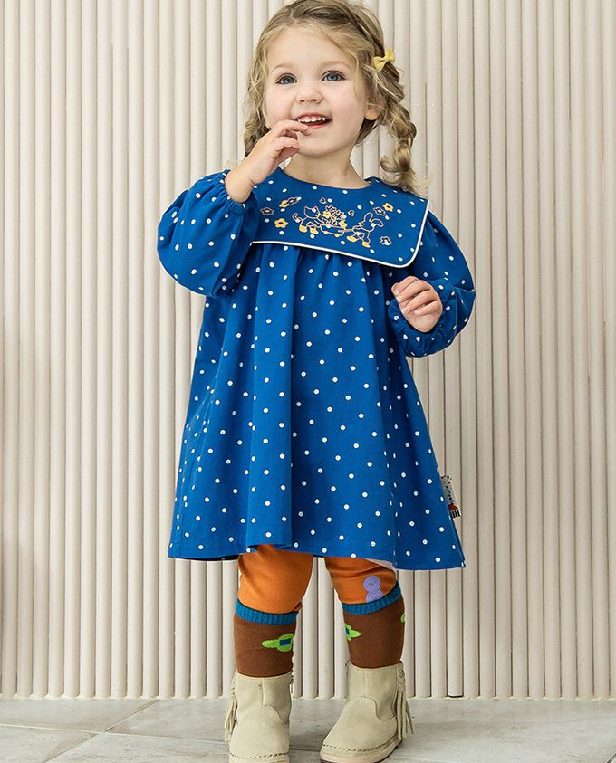 韓國 Pimpollo - 滿版圓點方形翻領連身洋裝-寶藍