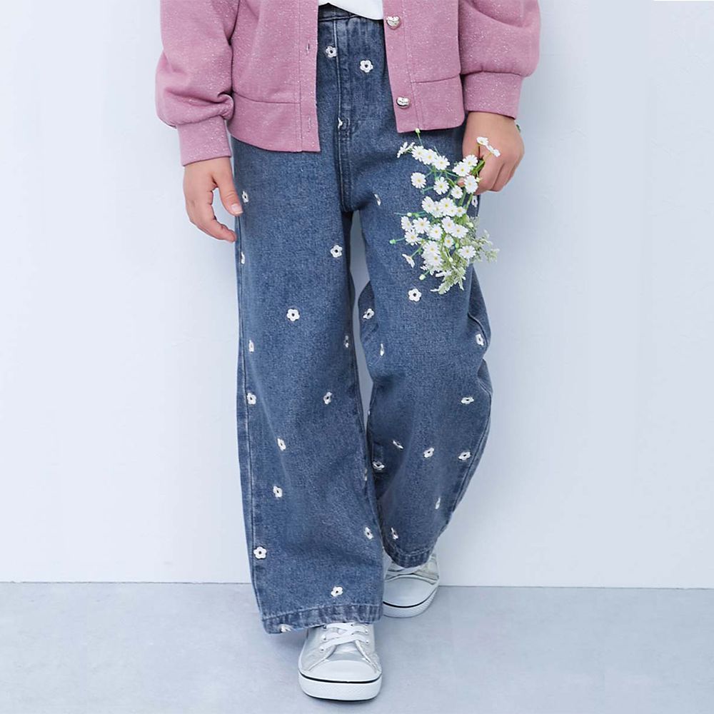 甜美亮麗刺繡刷色丹寧寬褲-小花-中藍