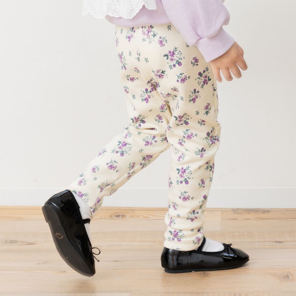 熱銷！刷毛保暖彈力合身長褲-小花-象牙