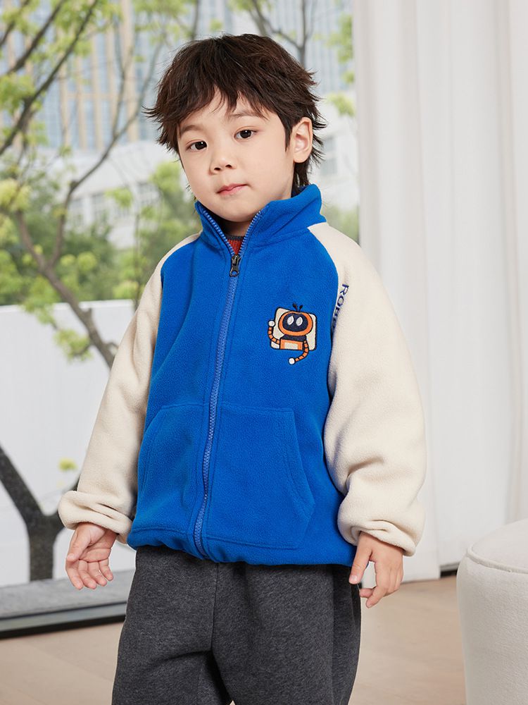 搖粒絨保暖兒童外套-小小機器人-灰色