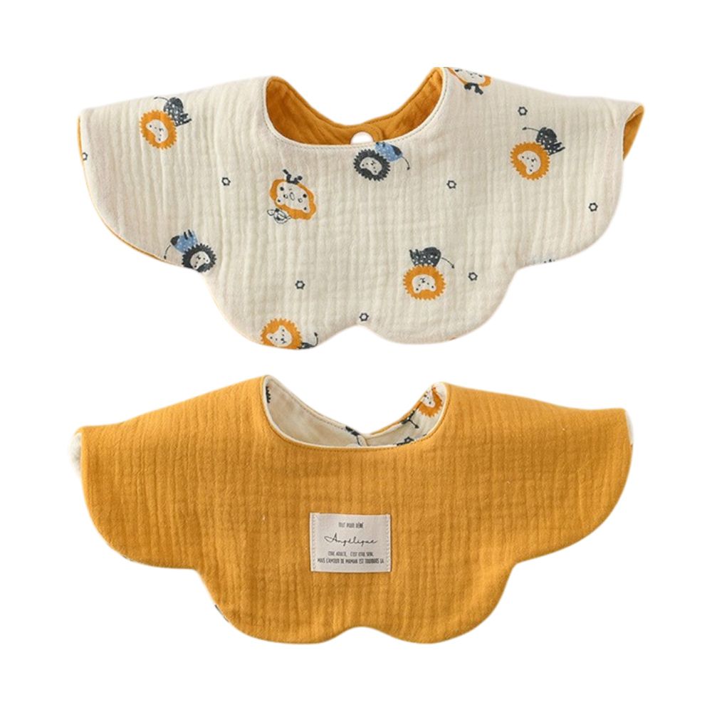 2條入-六層紗吸水圍兜 花型圍兜 兩面皆可用 純棉-彩獅子/薑黃+隨機1條 (24.5*25cm)