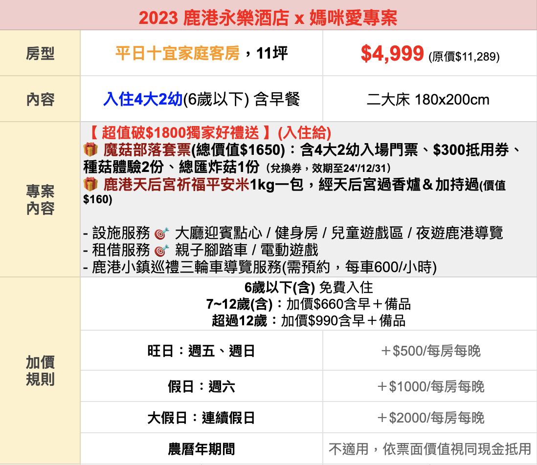 SLH認證奢華酒店【鹿港永樂】4大2幼一泊一食