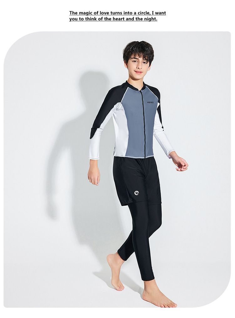 大童男孩長袖泳衣套裝(三件組)-拼色款-黑+白+紫-泳衣、長泳褲、短泳褲