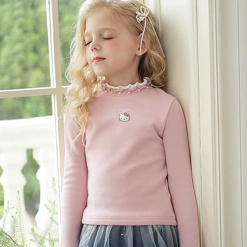 珍珠木耳邊半高領德絨長袖上衣-卡通人物Hello Kitty-粉色