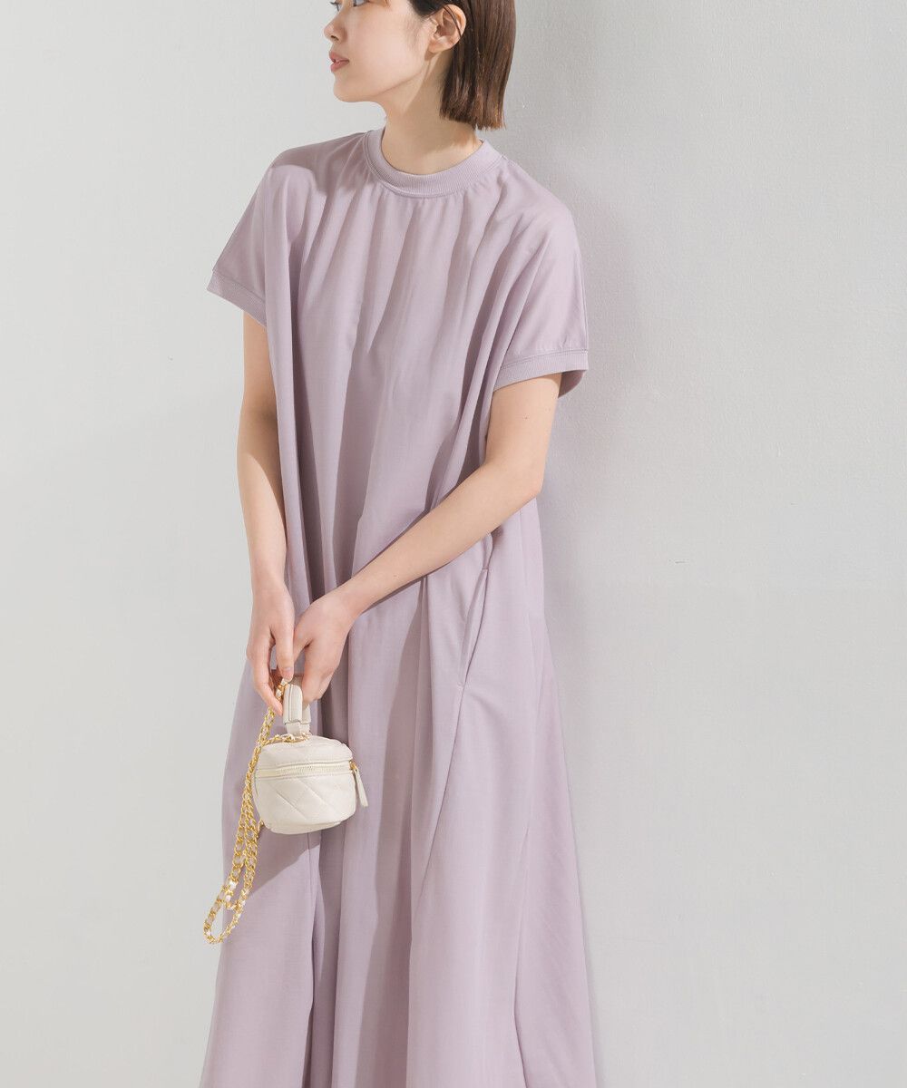日本 OMNES - 涼感機能 嫘縈混圓領短袖洋裝-薰衣草