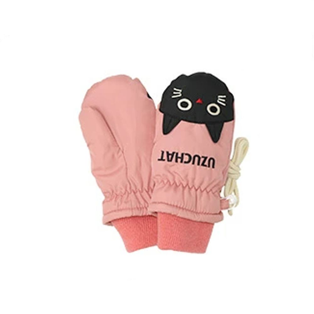 日本 ZOOLAND - 撥水加工 保暖兒童手套-小黑貓-粉