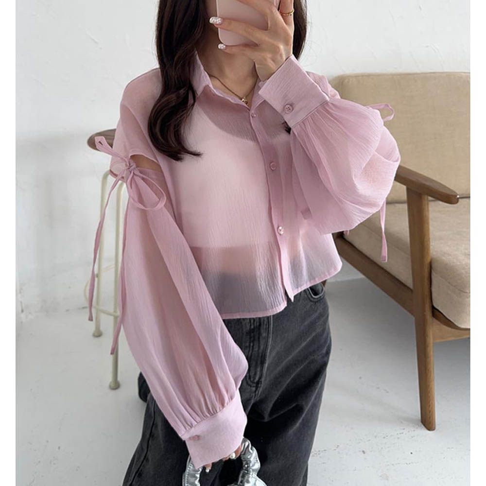 俏麗綁帶透膚防曬短版薄襯衫-粉紅 (F)