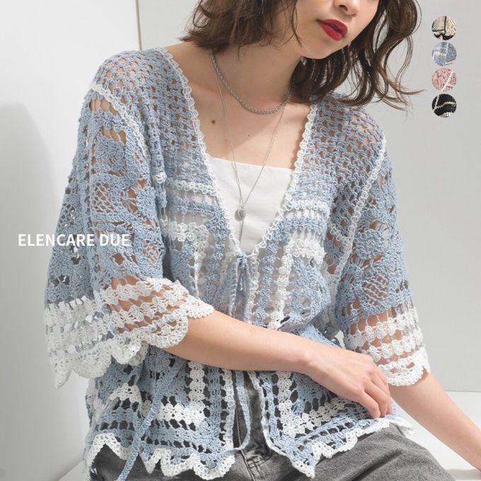 日本 ELENCARE DUE - 纖細扇形鉤針編織綁帶開襟衫-黑x米