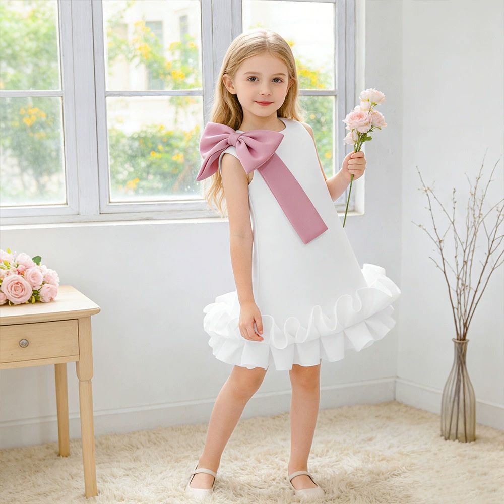 肩飾大蝴蝶結荷葉邊禮服-白色