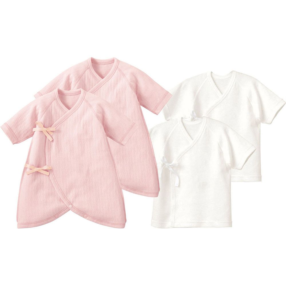 日本 Combi - mini系列-純棉保暖內衣4件組 (50-60)-白色肚衣*2 粉色蝴蝶裝*2