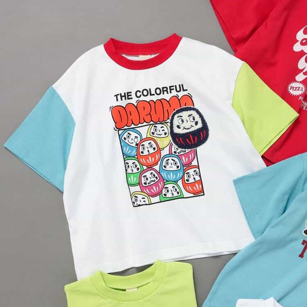 [限量]日本主題立體刺繡短袖上衣-彩色達摩-撞色袖