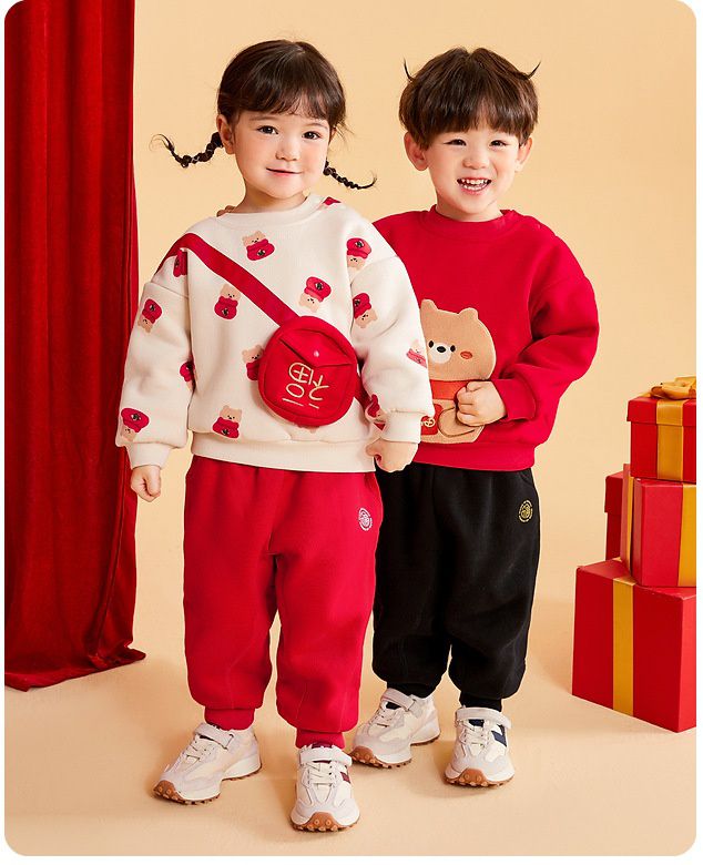 加絨喜氣洋洋長袖上衣-福氣熊熊-紅色