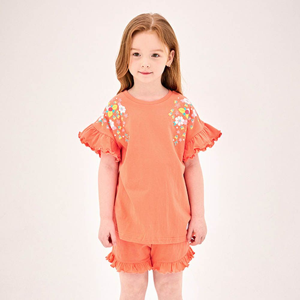 浪漫繡花點綴荷葉袖套裝-橘