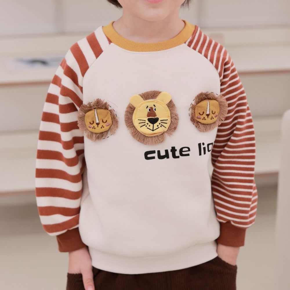 Coco rabbit (內磨毛)不對稱條紋長袖大學T-立體獅子-咖啡