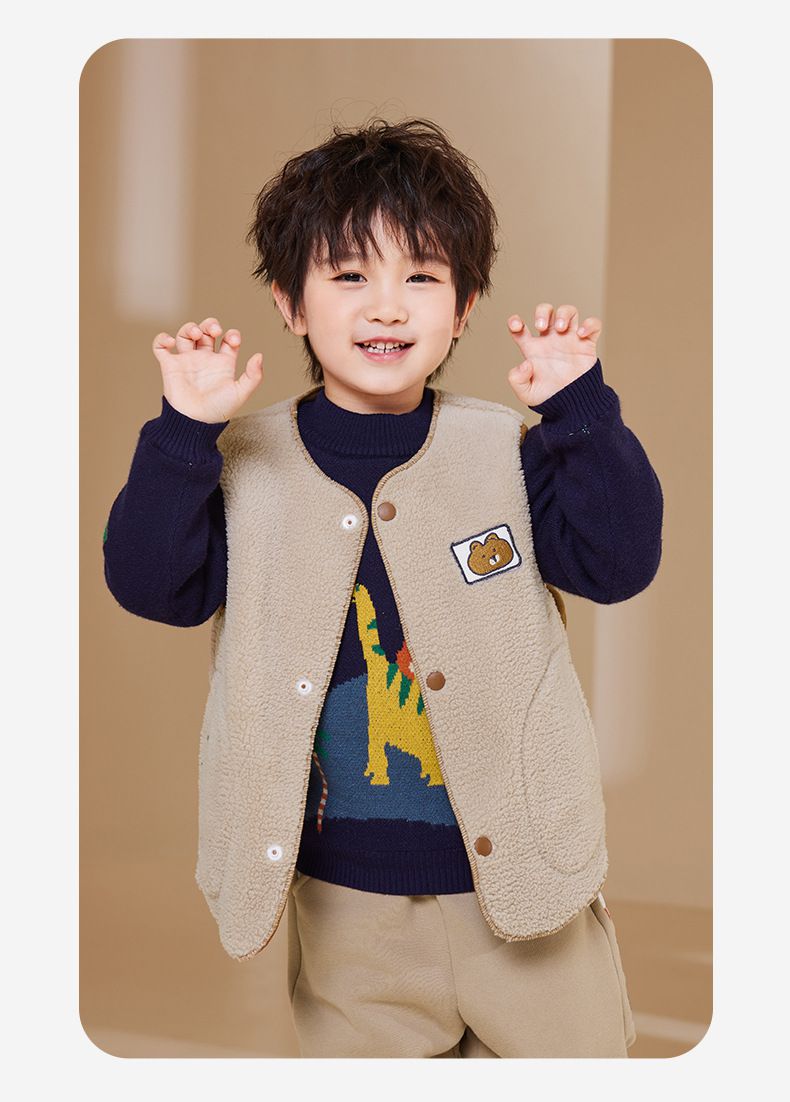 搖粒絨保暖兒童背心-恐龍-綠色