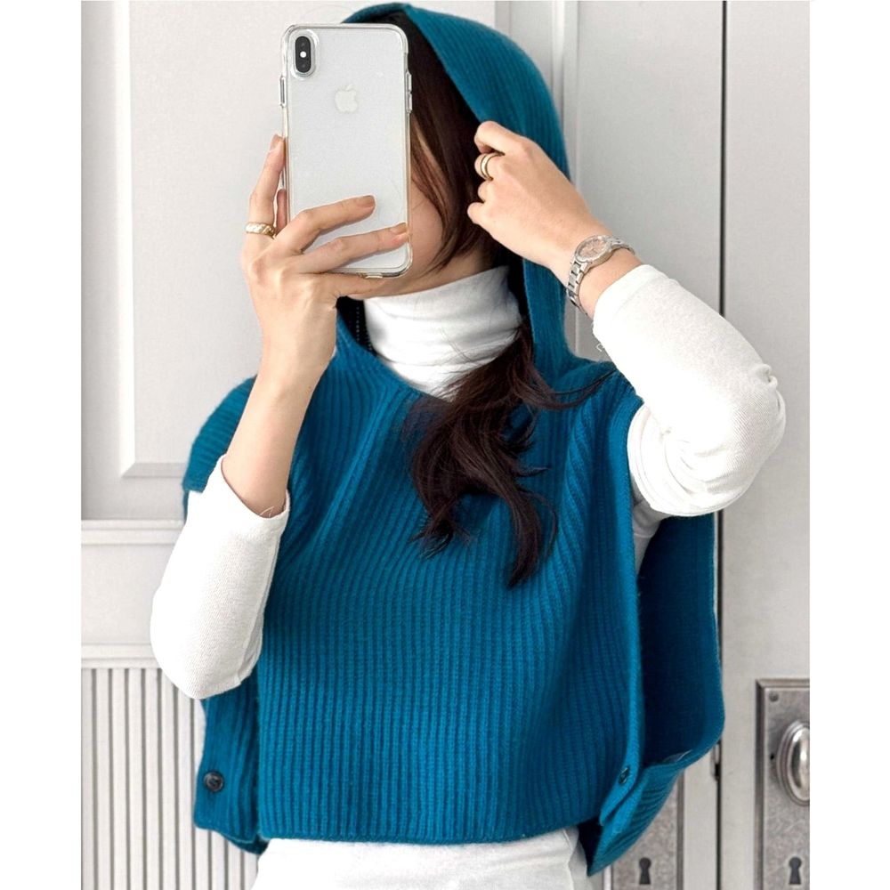 細緻喀什米爾羊毛短版連帽背心-藍綠 (FREE)