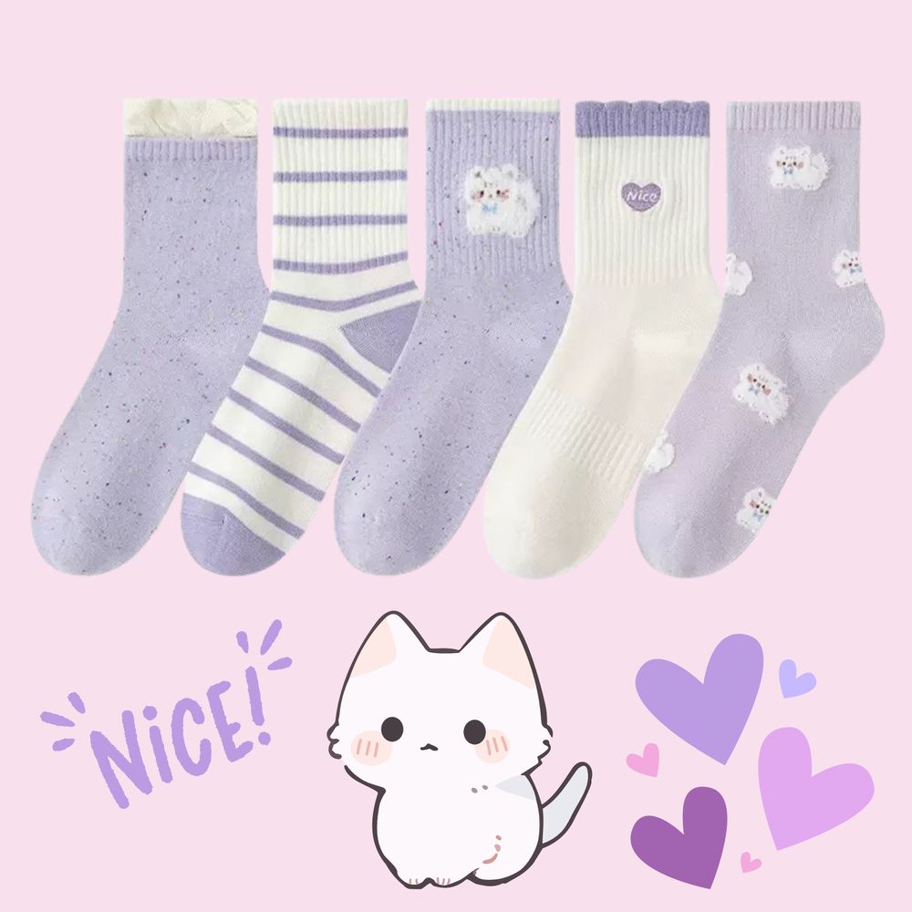 Nice紫色毛毛貓咪中筒棉襪 (Free Size (腳長22 cm+))-5 雙一組