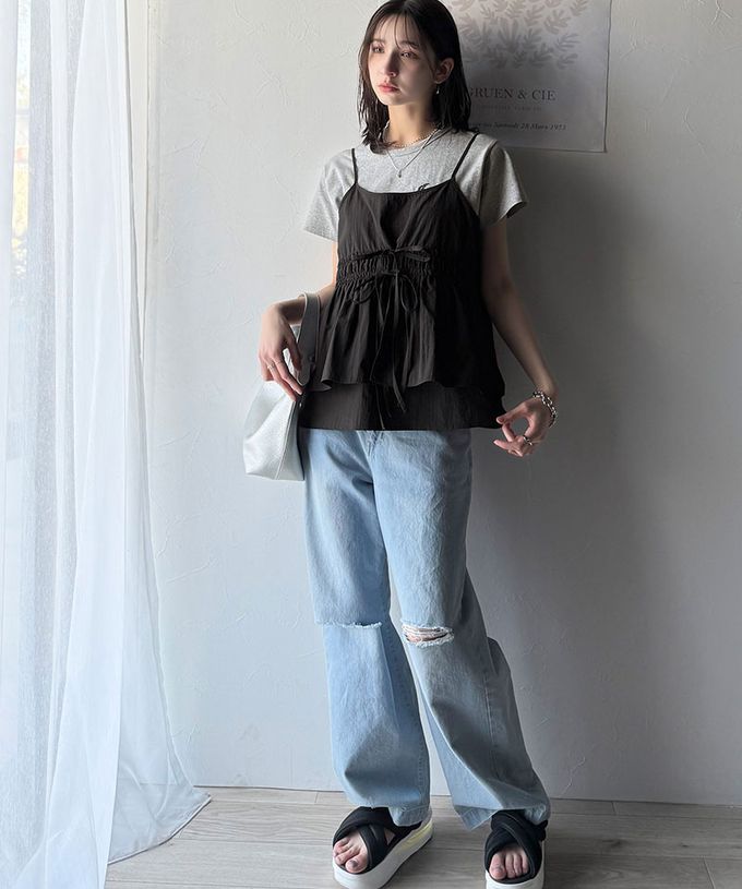 日本 Classical Elf - 俏麗荷葉細肩帶+月亮短袖T恤(2件組)-灰