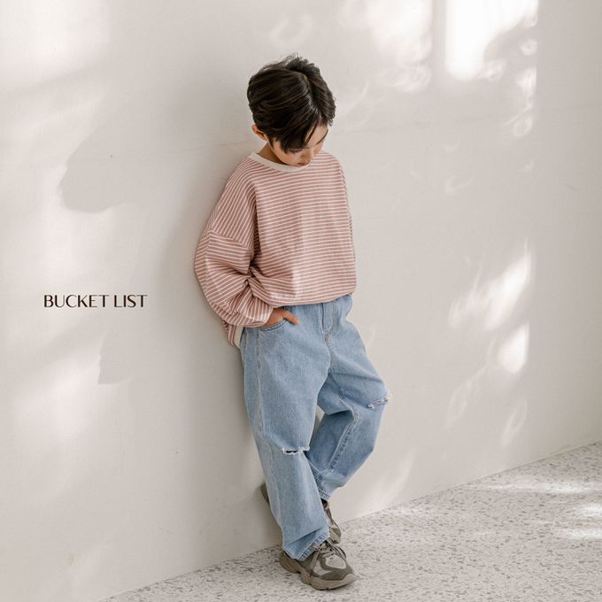 韓國 BUCKET LIST - 寬鬆橫紋大落肩長袖大學T-湖水綠