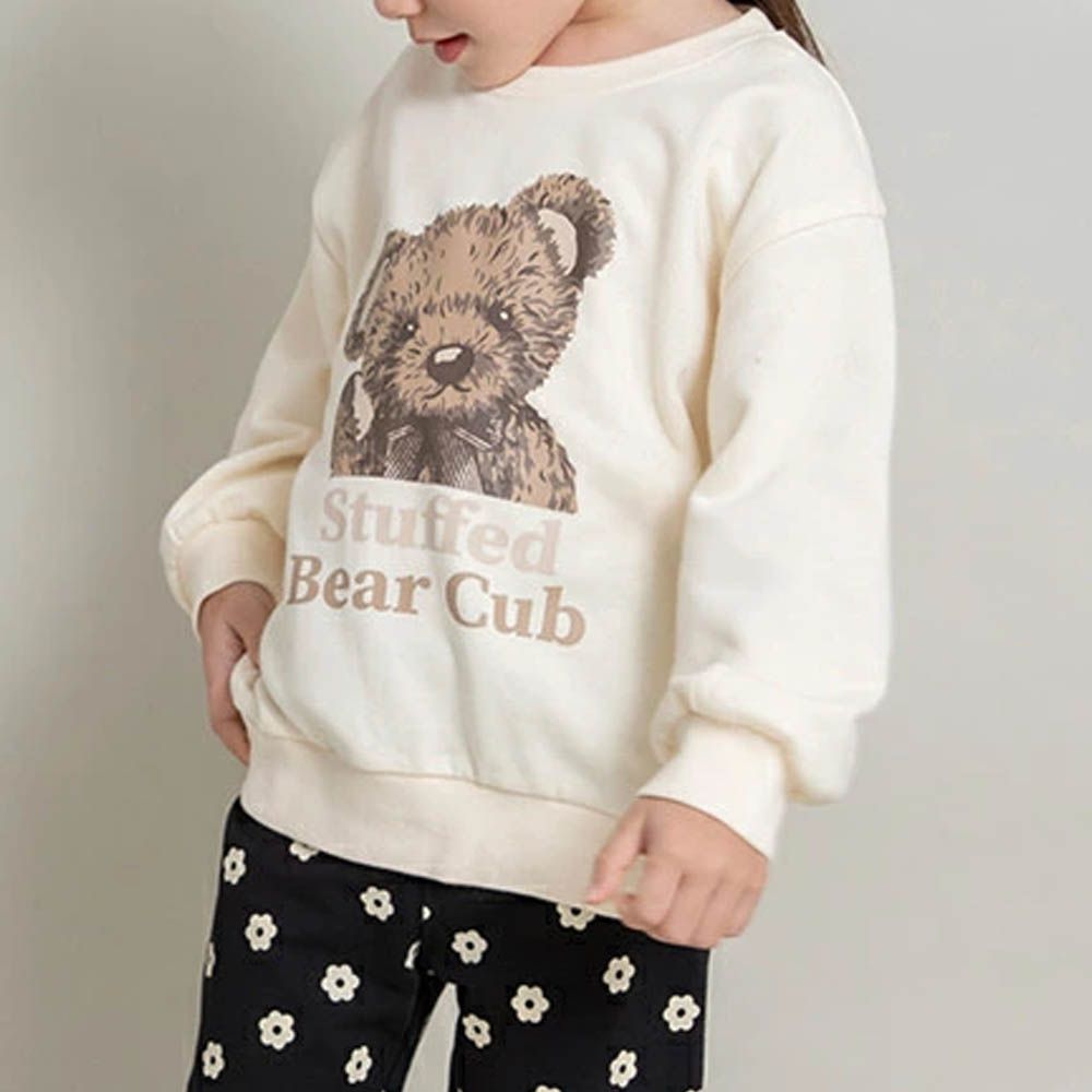 可愛女孩印花縮口長袖上衣-熊熊-奶白