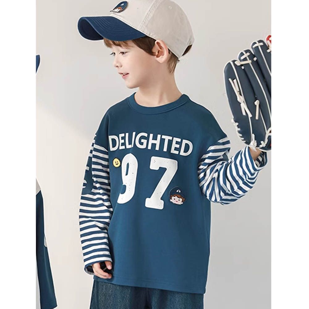 純棉圓領落肩長袖上衣-運動風97-條紋藍