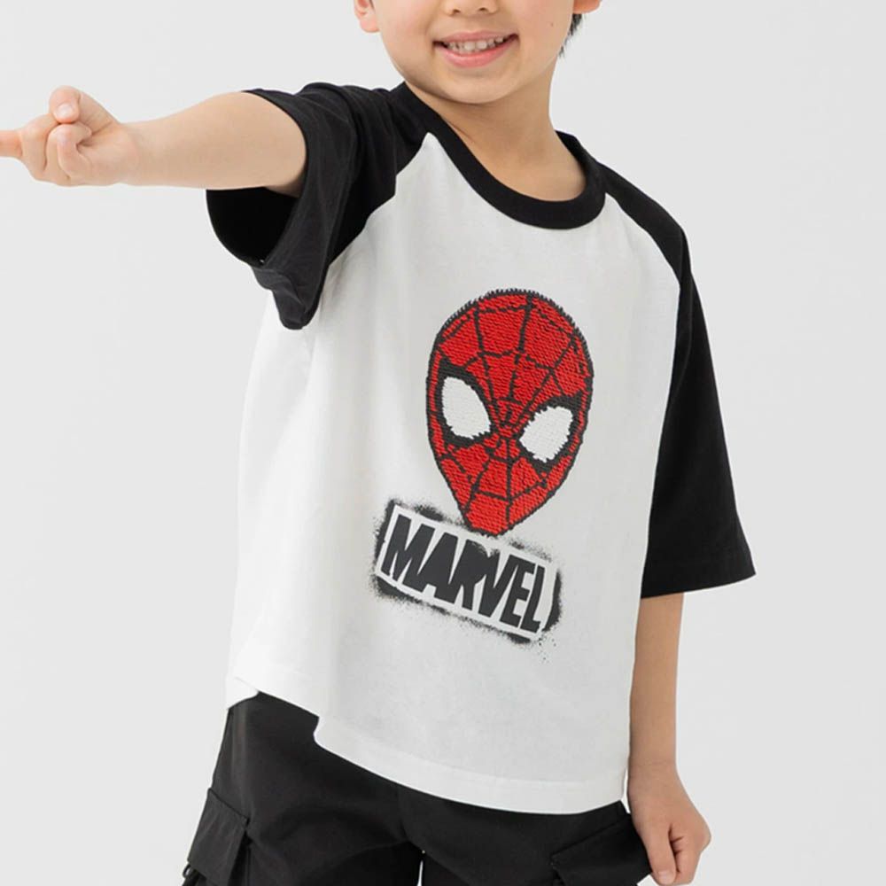 聯名款  100%棉印花短袖上衣-超級英雄蜘蛛人(變色亮片)-白x黑