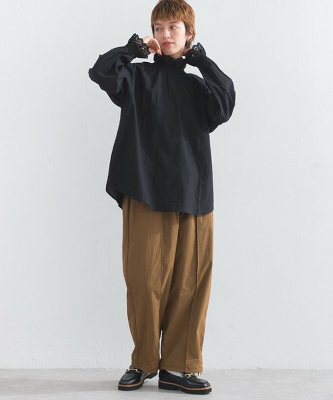 日本 Lupilien - 100%棉 典雅貝殼蕾絲宮廷長袖上衣-黑