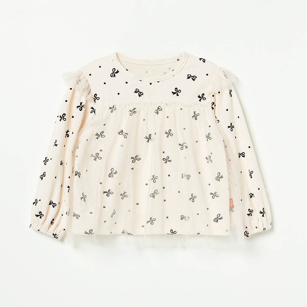 點點蝴蝶結網紗裝飾長袖上衣-象牙白