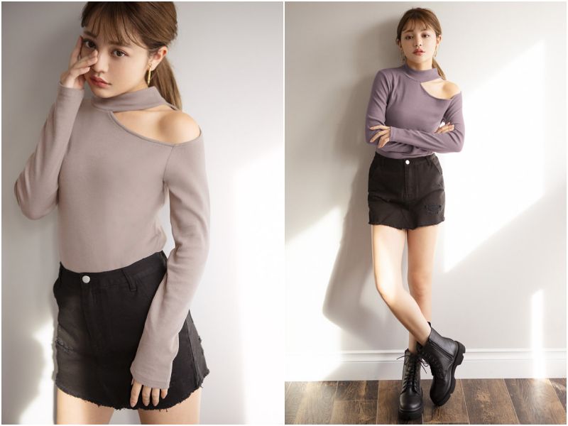 日本 GRL - 小性感挖肩修身長袖針織上衣-淺灰杏