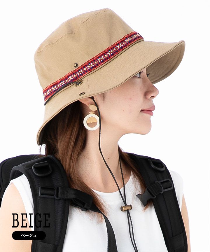 日本 irodori - 抗UV民族風圖騰撞色遮陽帽(附防風帽帶)-杏