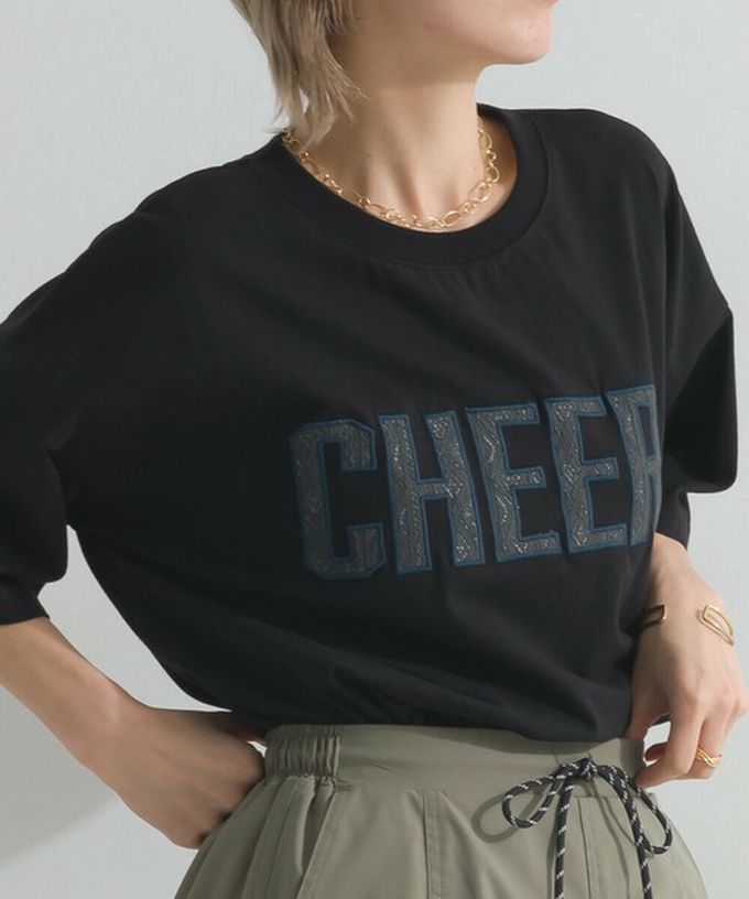 日本 le colis - 天竺棉蕾絲CHEER落肩短袖上衣-黑